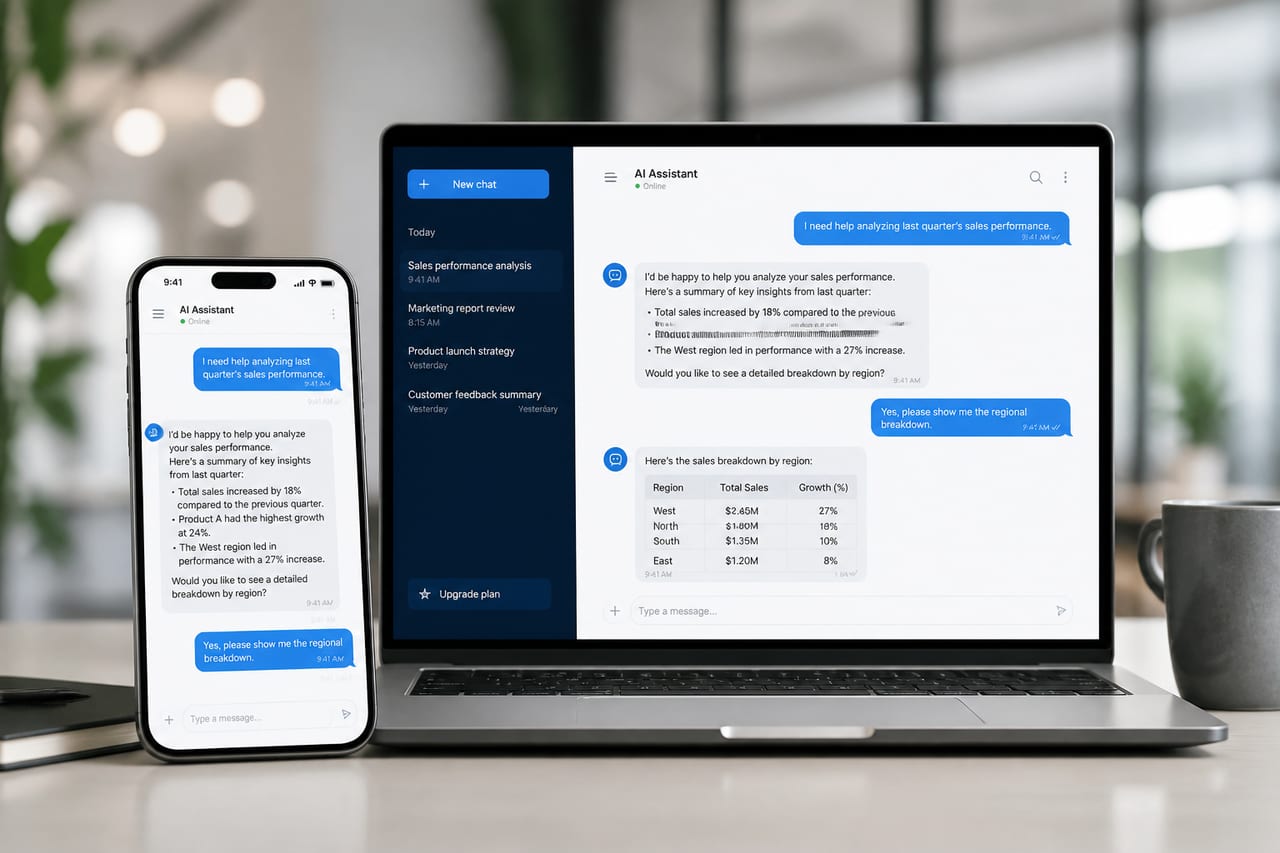 AI chatbot conversation on phone and laptop
