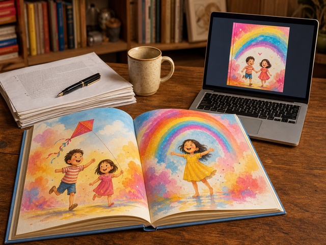Open illustrated children's storybook and ebook cover on a writer's desk
