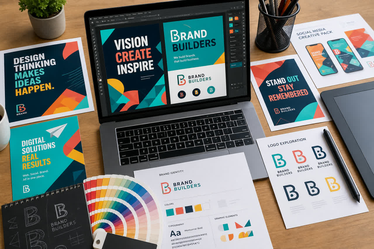 Graphic design posters, logos, and brand creatives on a designer desk