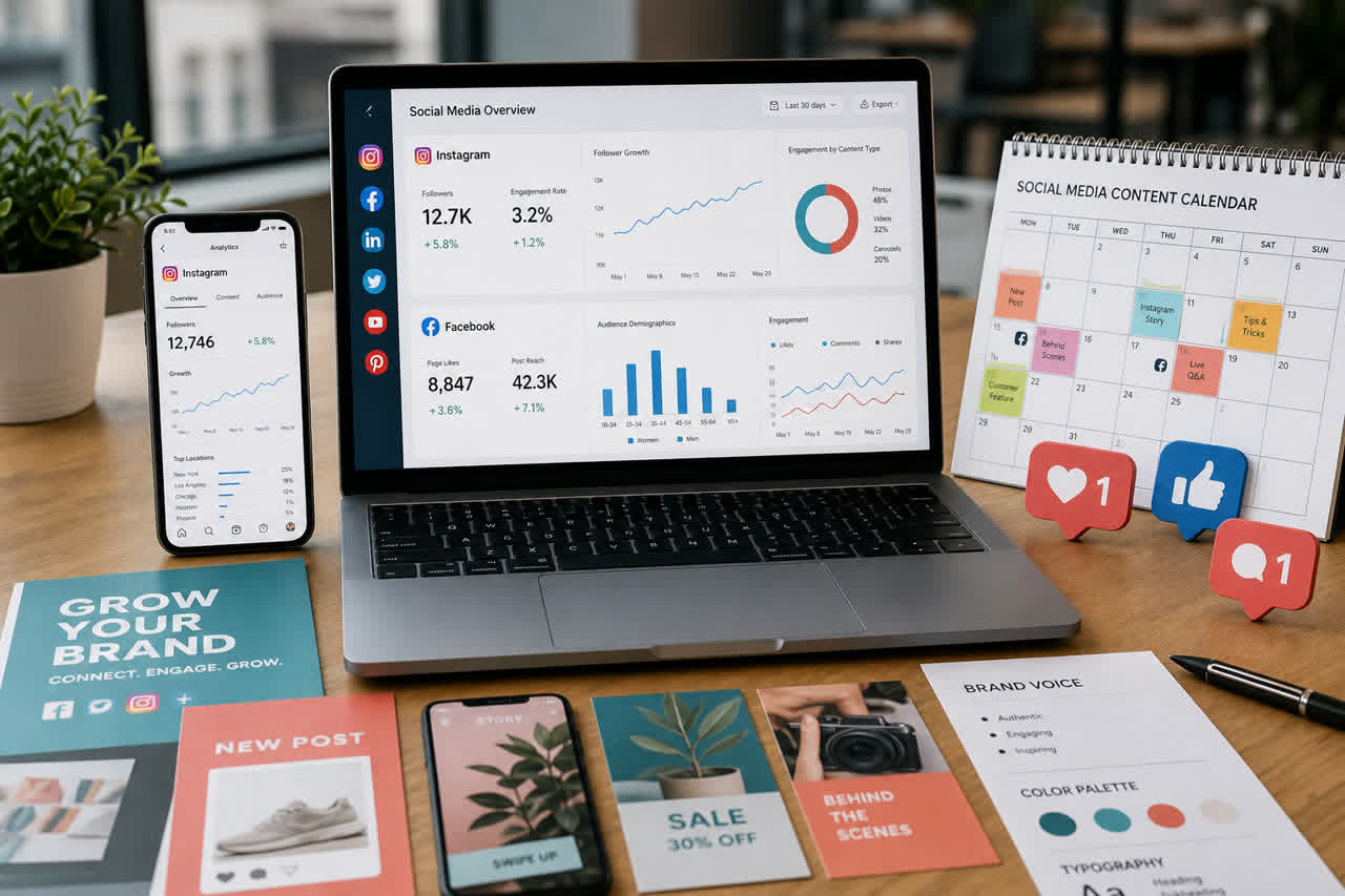 Social media marketing dashboard and content calendar on phone and laptop