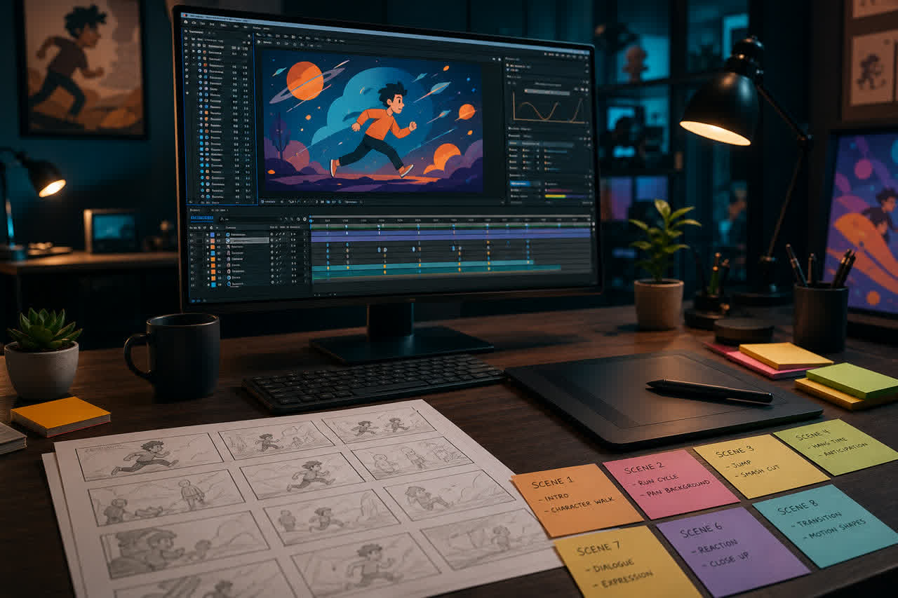 Video animation and motion graphics workspace with timeline and storyboard